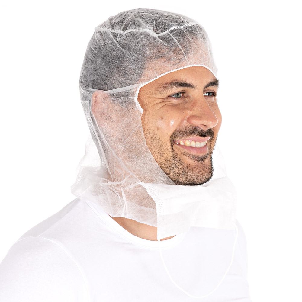 Astrohauben Eco mit 2-lagigem Mundschutz aus PP in weiß in der Schrägansicht mit der Maske unten