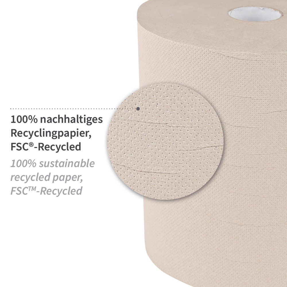 Organic paper towel rolls, 3-ply from recycled paper as outside unwinding, FSC®-Recycled with the properties