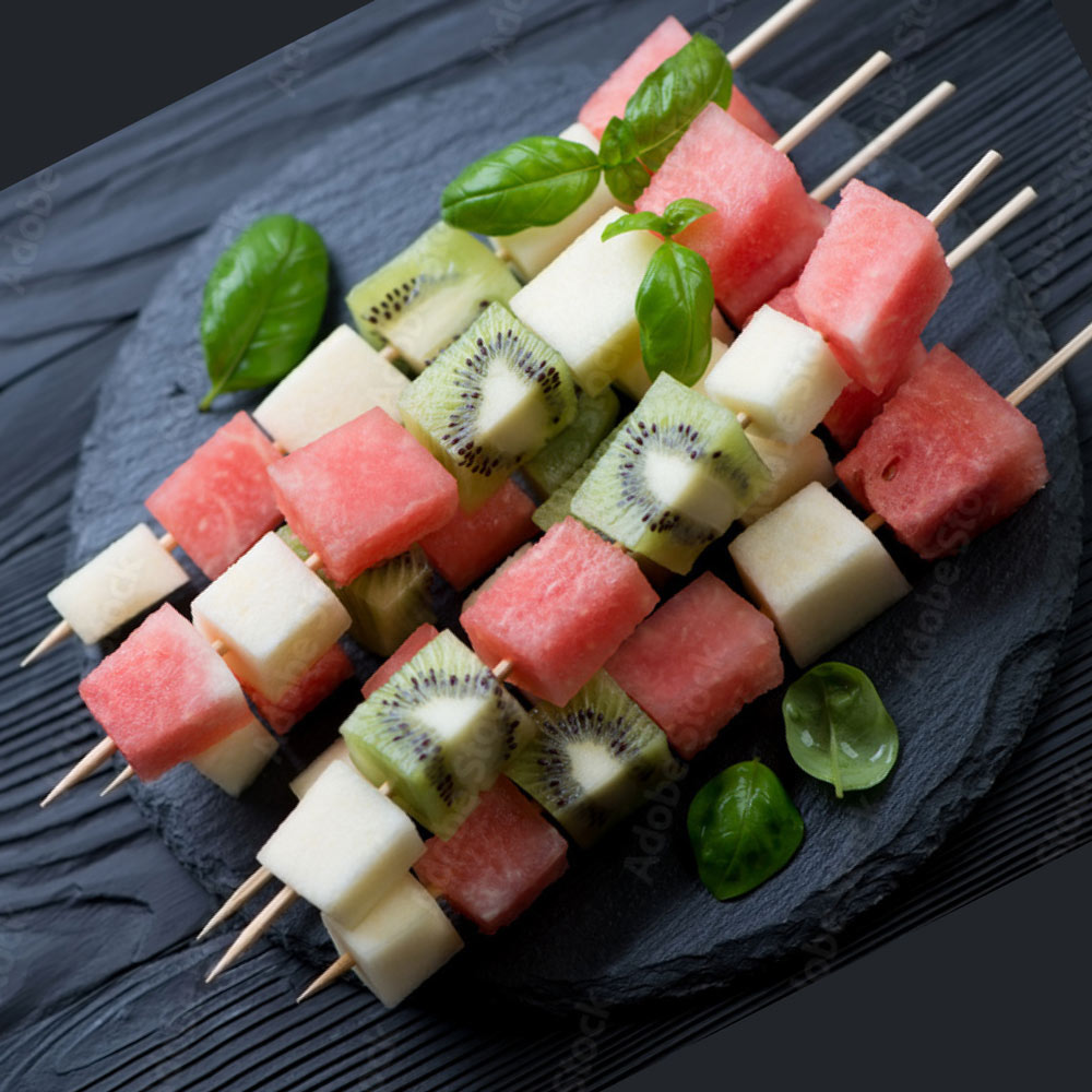Organic wooden skewers with example of use