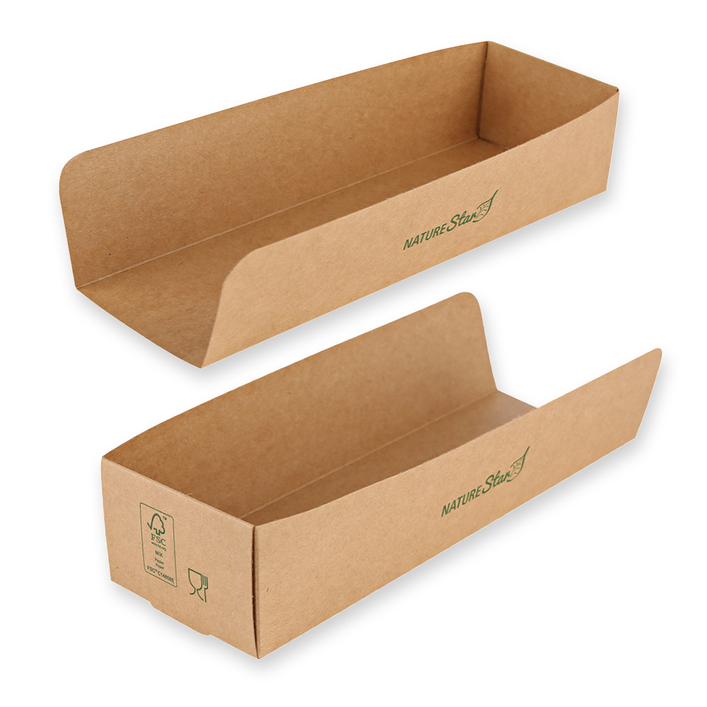 Organic hot dog trays made of kraft paper/PE, FSC®-Mix with 23cm and both sides