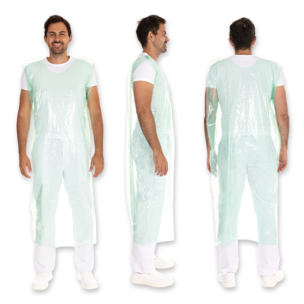 Full body aprons approx. 30 my LDPE in the all around view in green
