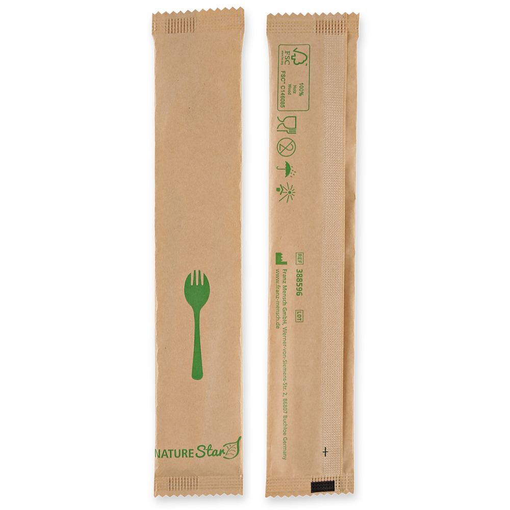 Organic sporks made of wood FSC® 100%, wax coated with packaging