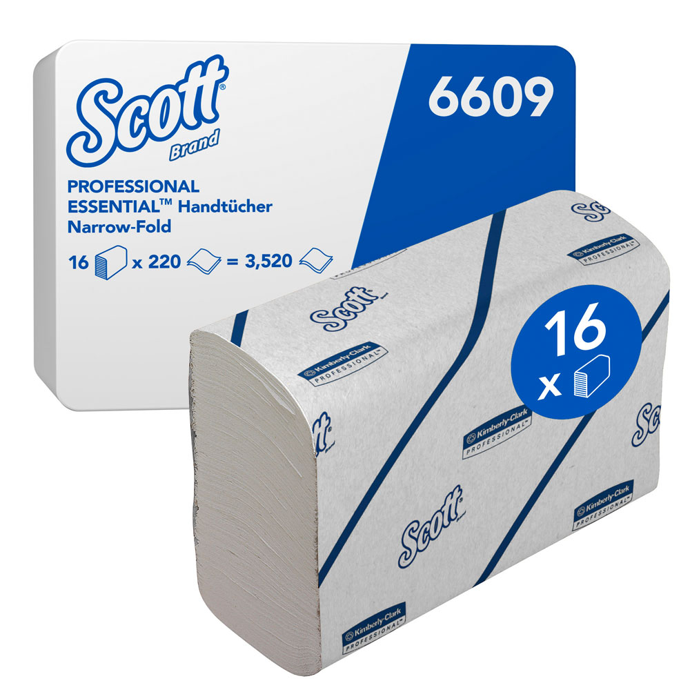 Scott® Essential™ Falthandtücher, 2-lagig, Narrow-Fold, FSC®-Recycled mit der Verpackung