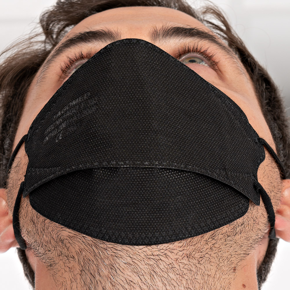 Respirators FFP2 NR, vertically foldable, ear loops made of PP as small pack in black in the bottom view