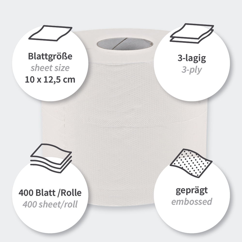 Toilet paper, small roll, 3-ply made of cellulose, features