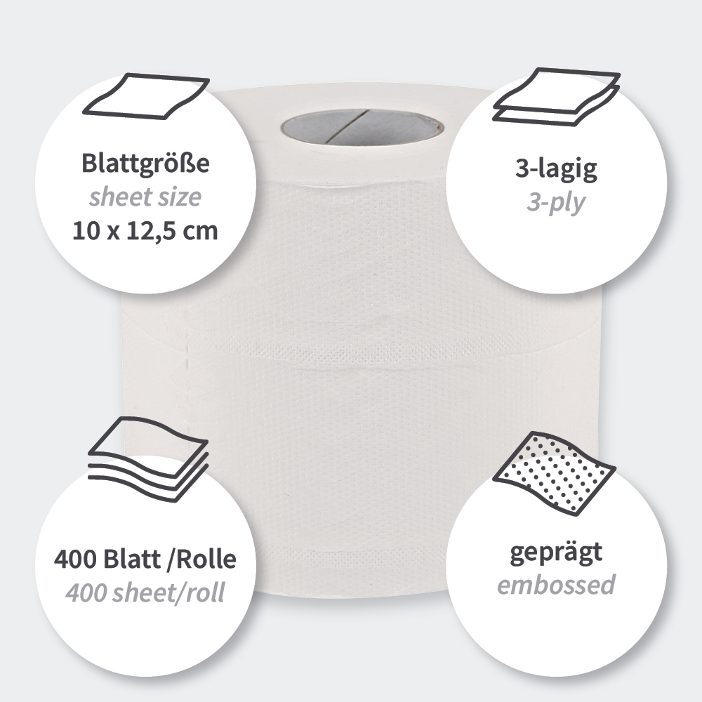 Toilettenpapier, Kleinrolle, 3-lagig | Zellulose, Besonderheiten Toilettenpapier, Kleinrolle, 3-lagig aus Zellulose, Besonderheiten
