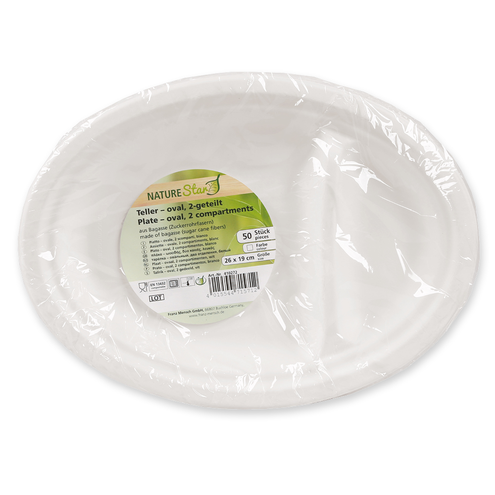 Organic menu plates, 2-compartments, oval made of bagasse with packaging