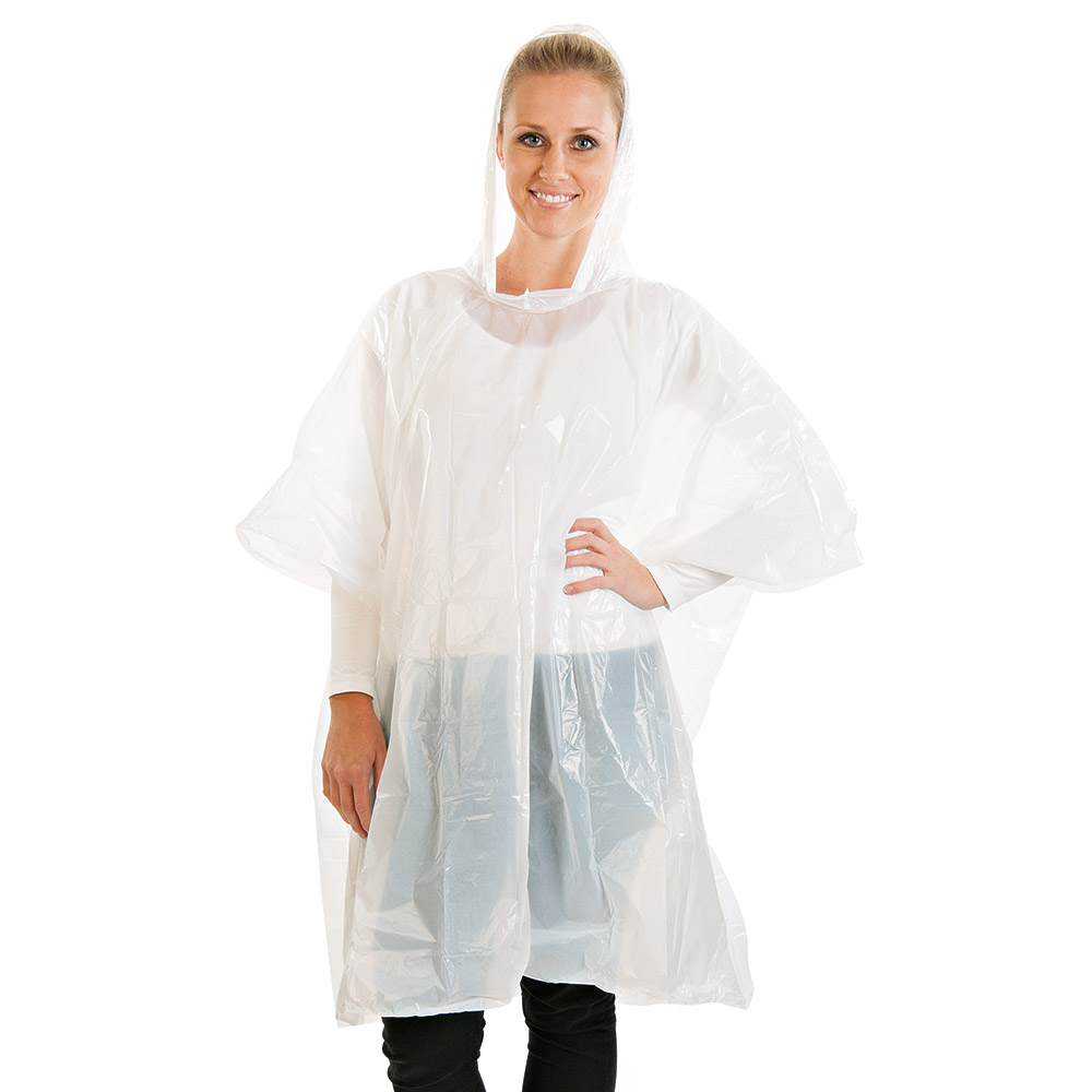 Rain ponchos with hood made of PE in white