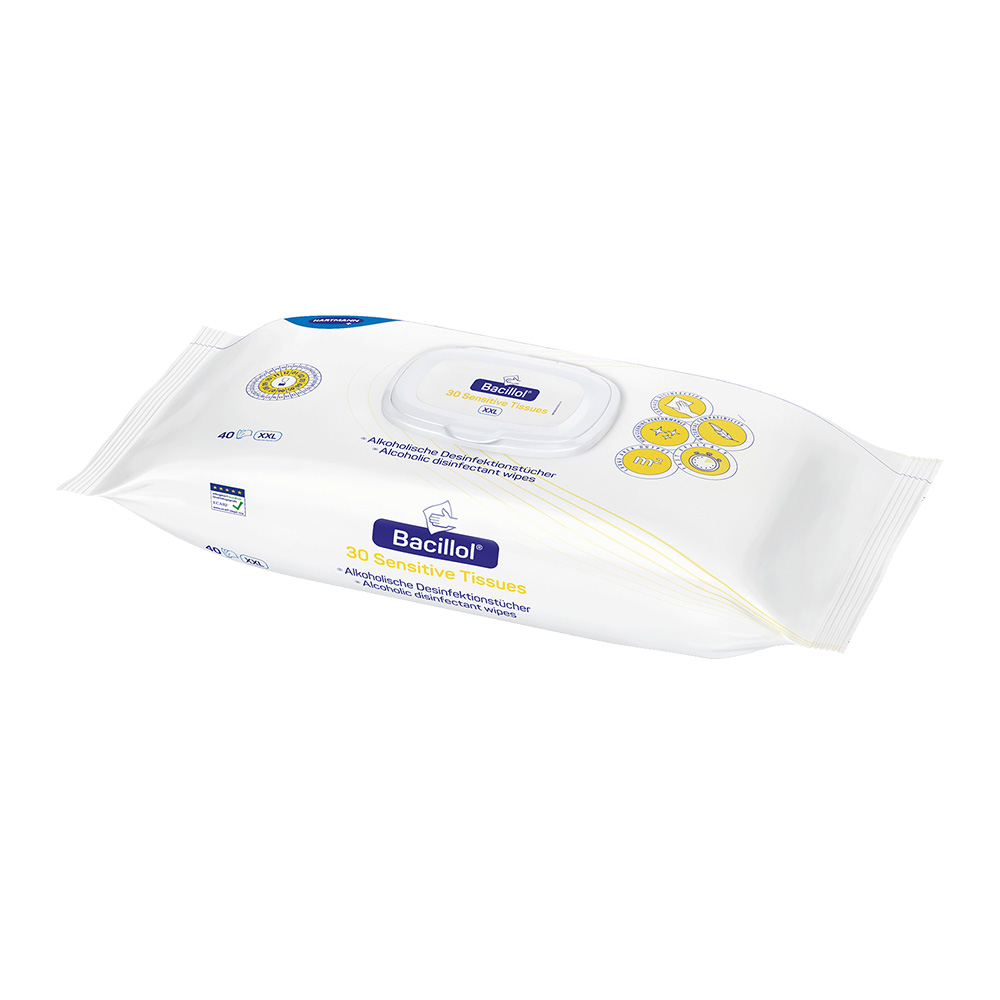 Hartmann Bacillol® 30 Sensitive Tissues, Alkoholische Desinfektionstücher, Schrägansicht
