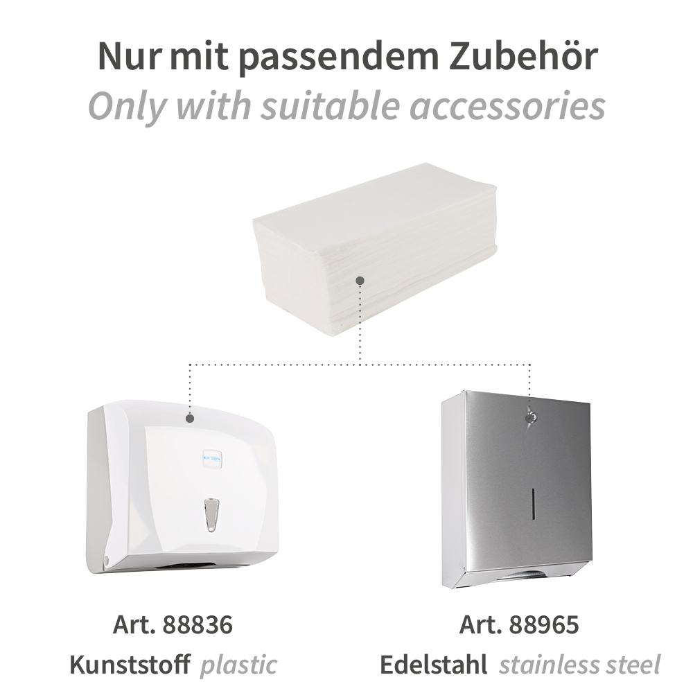 Papierhandtücher, 1-lagig | Zellulose, V/ZZ-Falzung, passendes Zubehör Papierhandtücher, 1-lagig aus Zellulose mit V/ZZ-Falzung mit passendem Zubehör