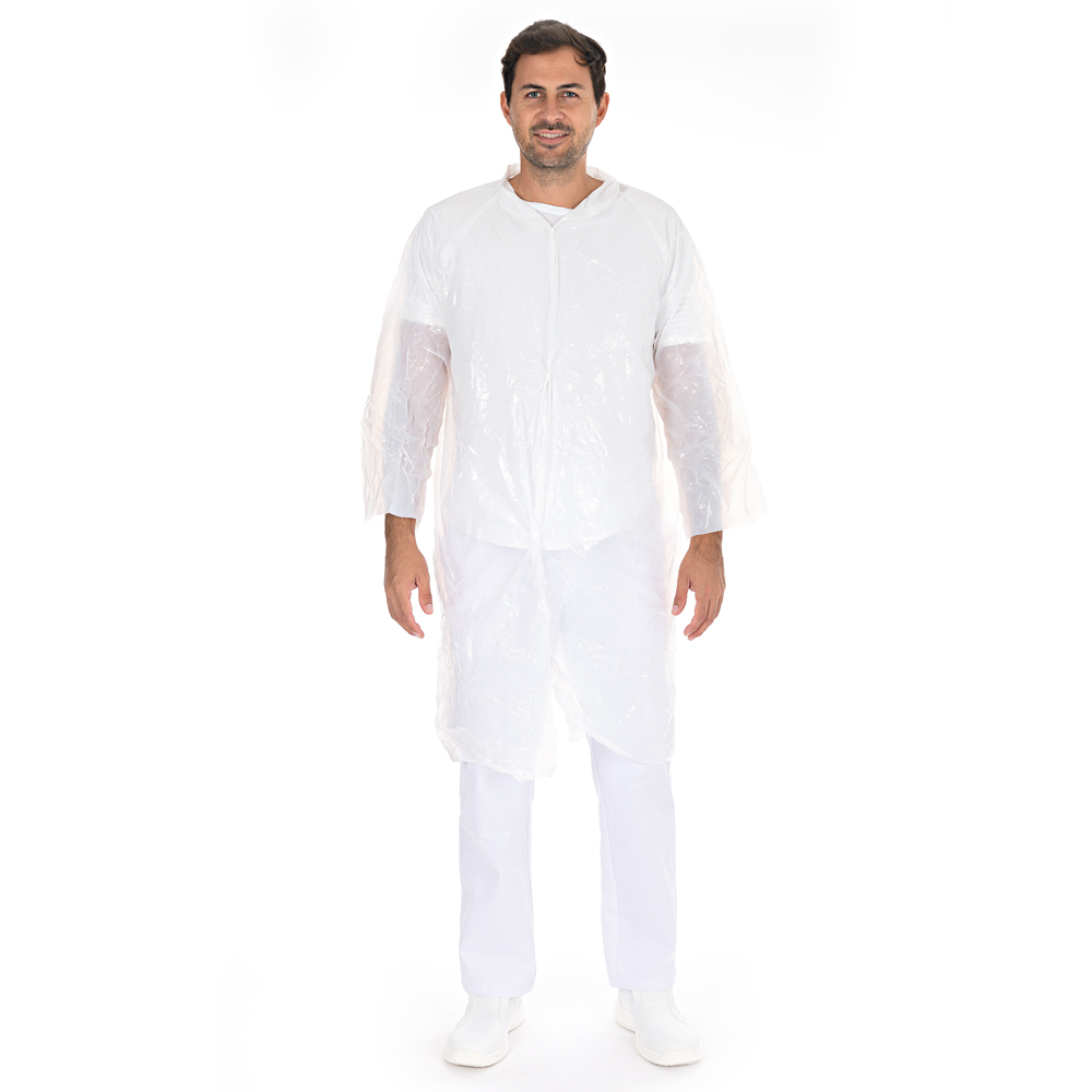 Visitor gowns with push buttons made of PE in white in the front view