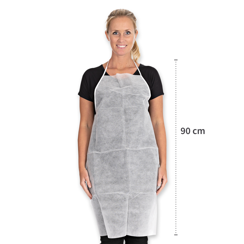 Disposable PP aprons in the front view with the length, white