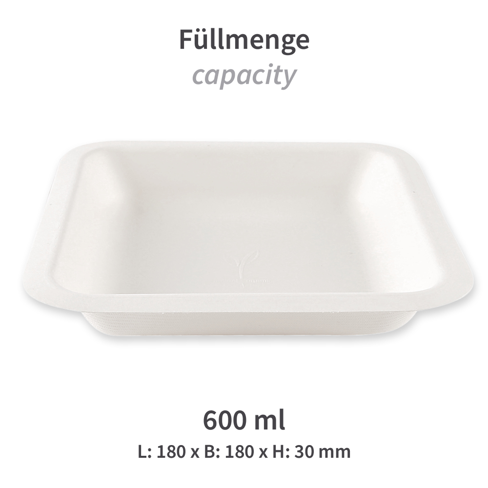 Organic trays Eleganza, square made from bagasse in filling quantity
