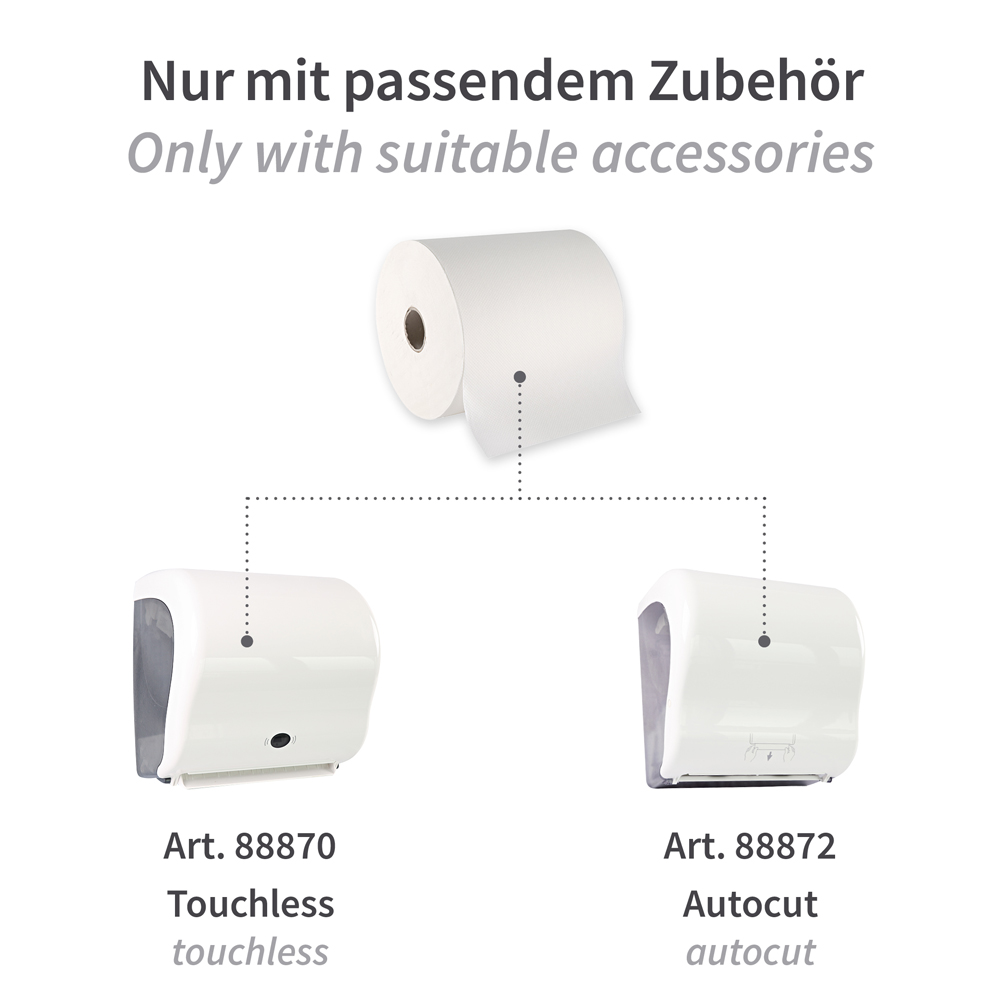 Papierhandtuchrollen, 2-lagig | Zellulose, Außenabwicklung, Zubehör Papierhandtuchrollen, 2-lagig aus Zellulose mit Außenabwicklung, Zubehör
