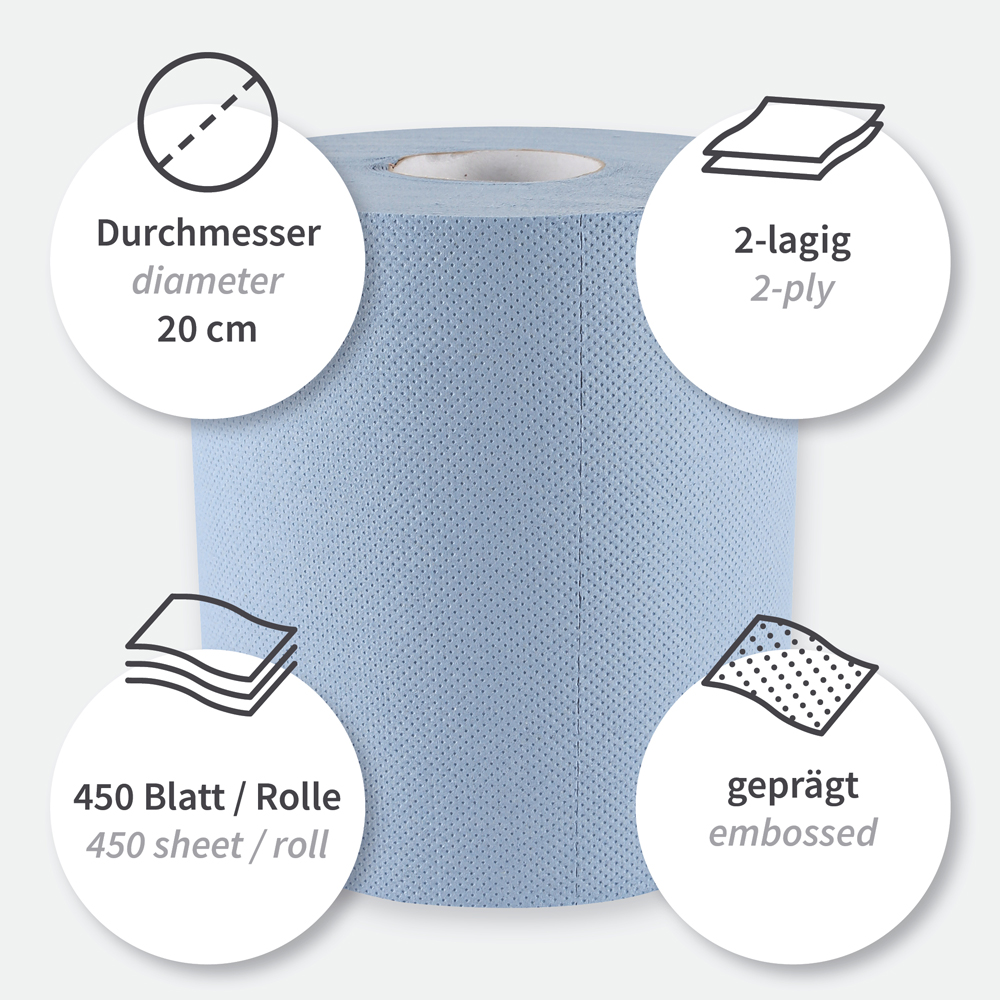 Paper towel rolls, 2-ply made of recycled paper, centerfeed, features