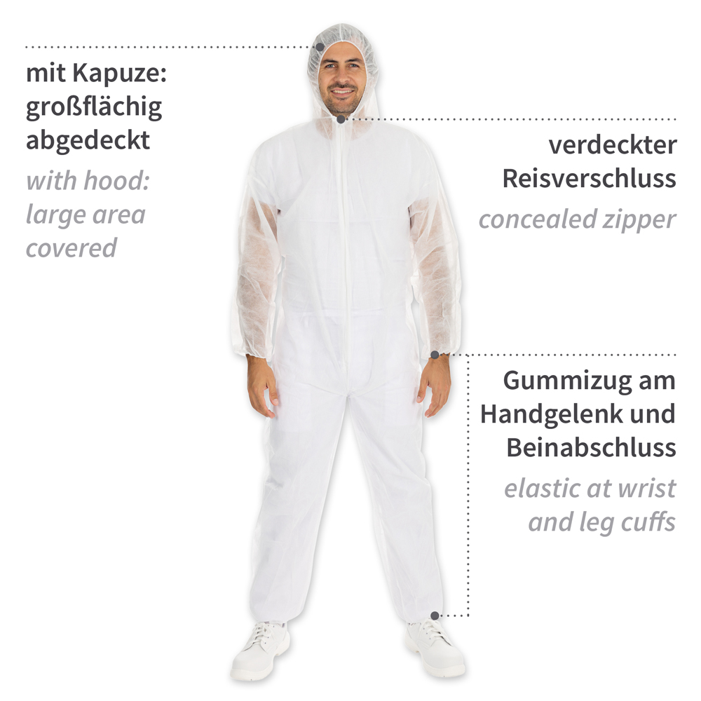 Coveralls Light with hood made of PP with properties, white