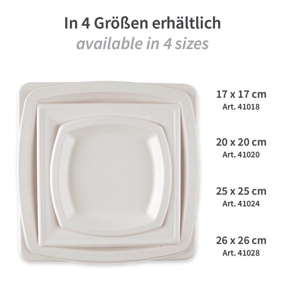 Organic plates, square made of bagasse, different sizes