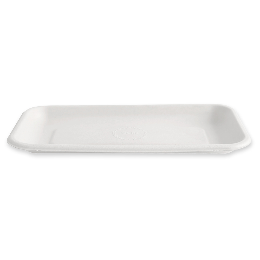 Organic foodtrays, rectangular made of bagasse in white with side view