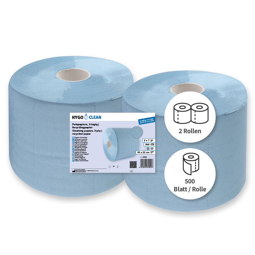 Putzpapiere, 3-lagig | Recyclingpapier, blau, Verpackung Putzpapiere 3-lagig als Recyclingpapier in blau in der Verpackung