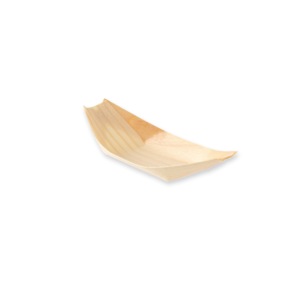 Biodegradable food boat made of pine wood, angled view
