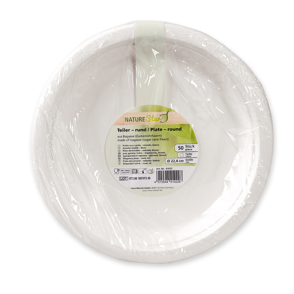 Organic plates, round made of bagasse, packaging