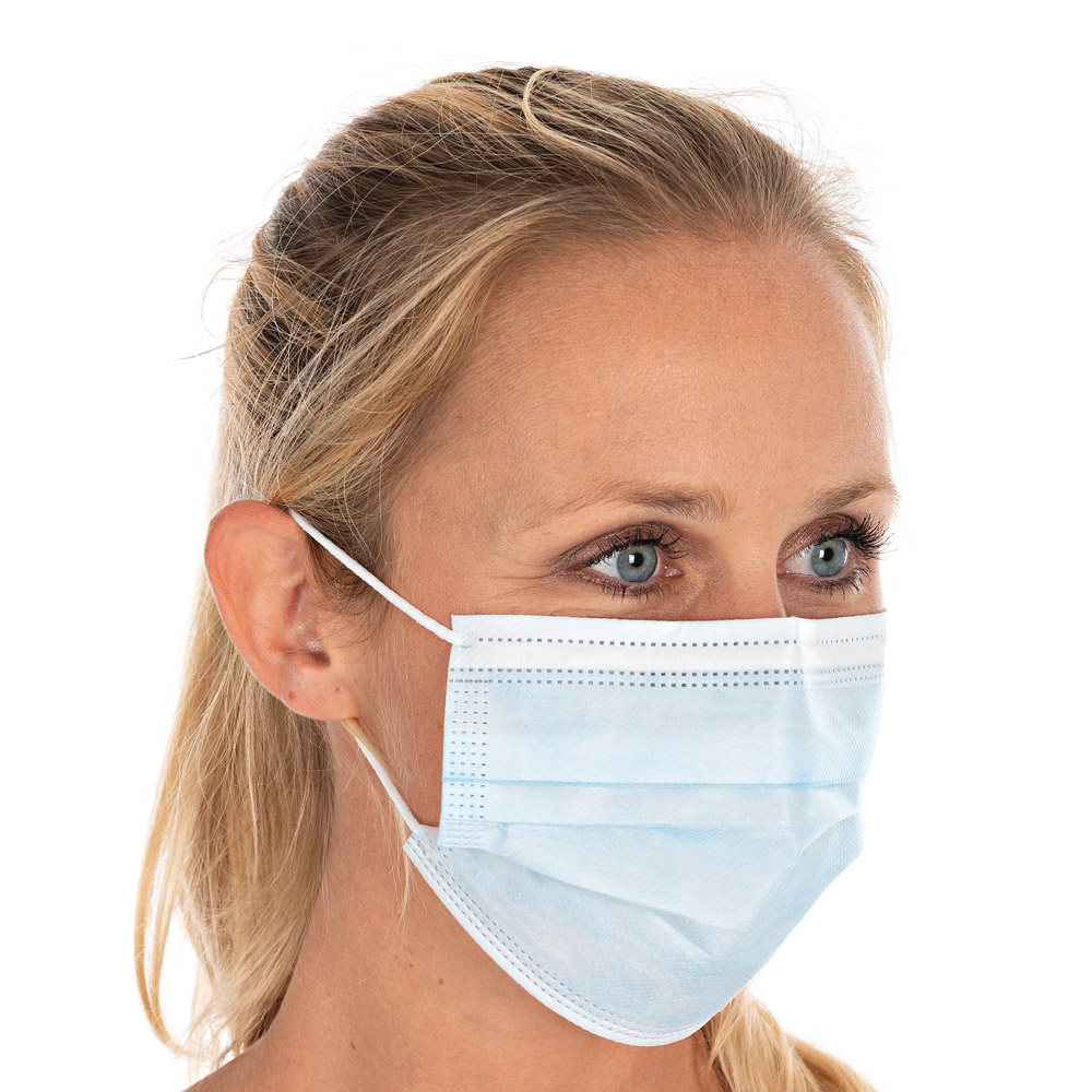 Face masks type II, 3-ply made of PP individually packed in blue in the side view