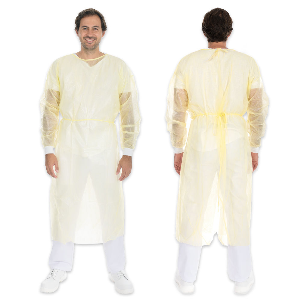 Kittel Eco mit Nackenbindeband aus PP, PE teil-laminiert in gelb in der Rückansicht