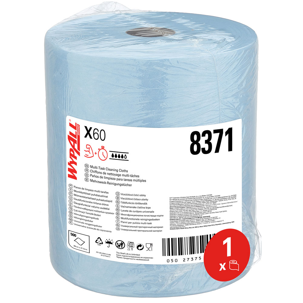 WypAll® General Clean™ X60 blue wipers, 1-ply on the roll from the frontside