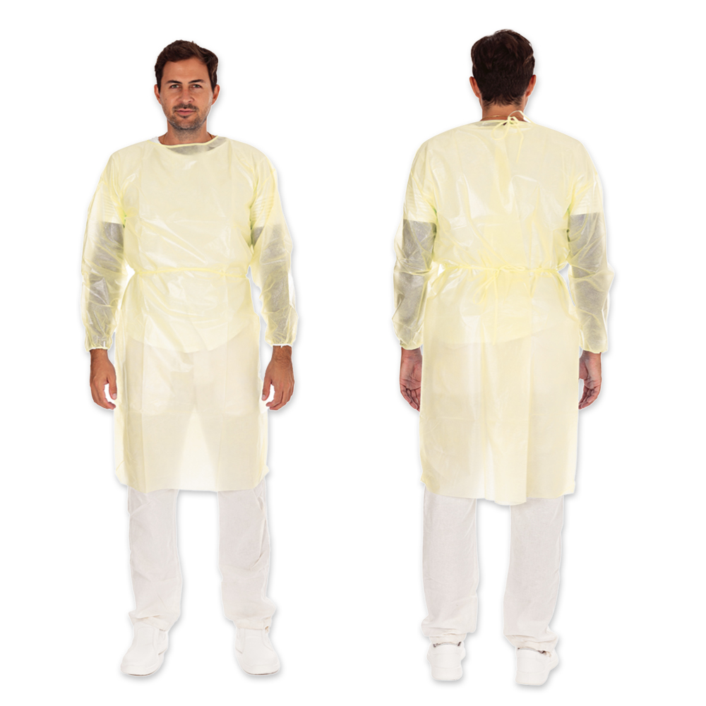 Protective gowns type PB 6B made of PP, PE fully laminated, yellow, front and back view