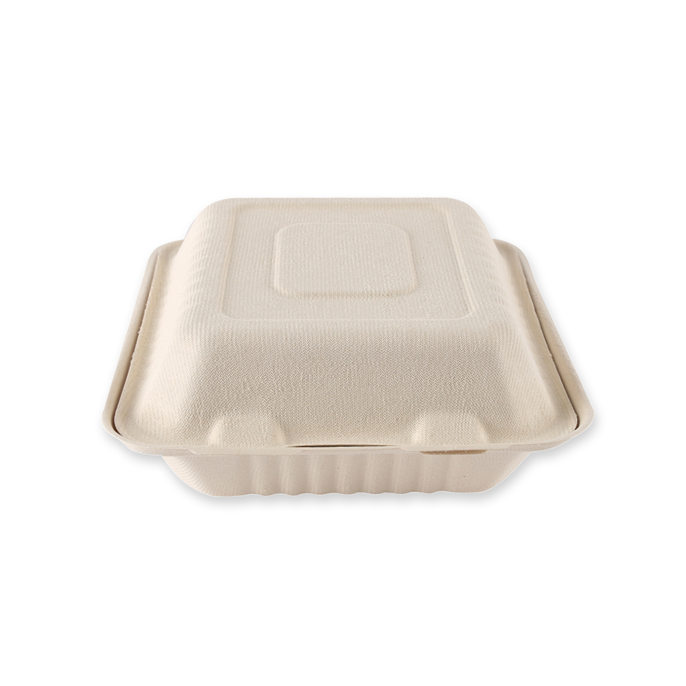Organic menu boxes with hinged lid made of bagasse with closed lid