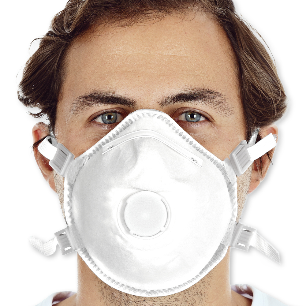 Atemschutzmasken FFP3 NR D mit Ventil, vorgeformt aus PP in der Frontansicht