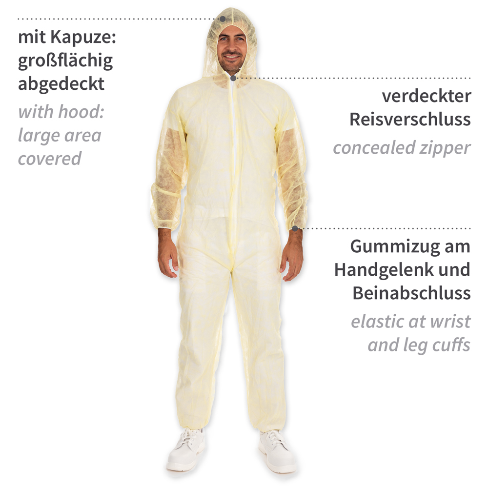 Coveralls Light with hood made of PP with properties, yellow