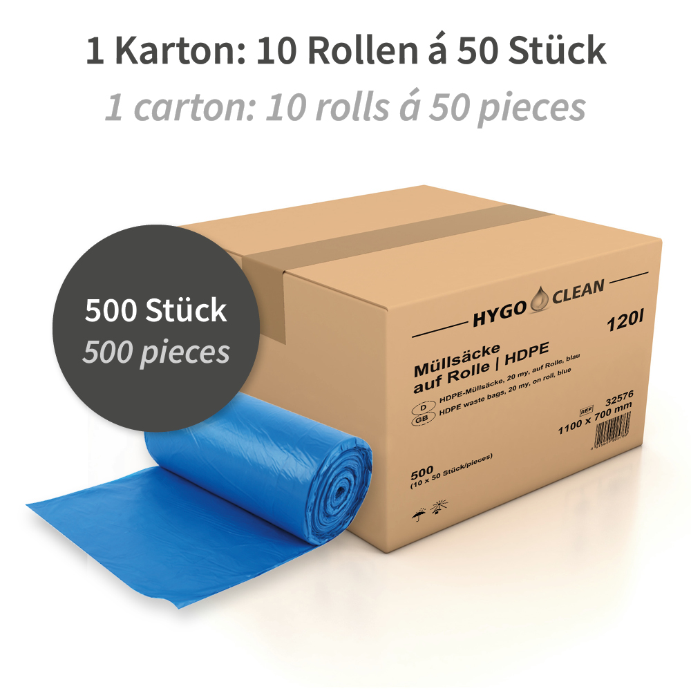 Müllsäcke Premium, 120 l | HDPE, Rolle, blau, Verpackung Müllsäcke Premium 120 l als HDPE Rolle in blau in der Verpackung