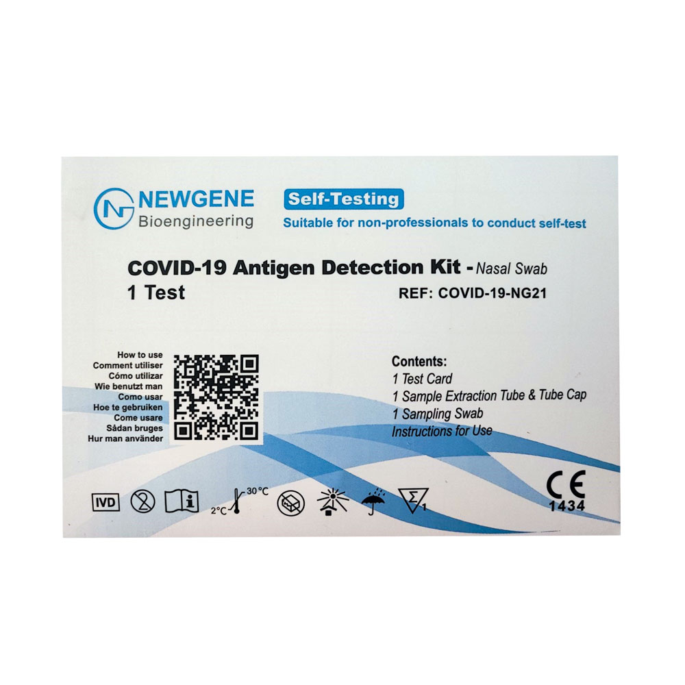 Newgene SARS-CoV-2 antigen rapid test kit in a single package with packaging front