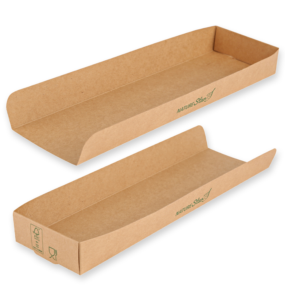 Organic hot dog trays made of kraft paper/PE, FSC®-Mix with 28cm and both sides