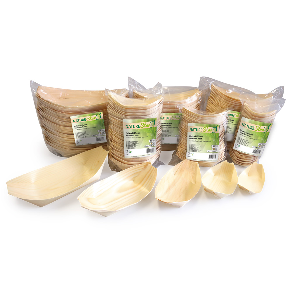 Biodegradable food boat made of pine wood with all variants in the packaging