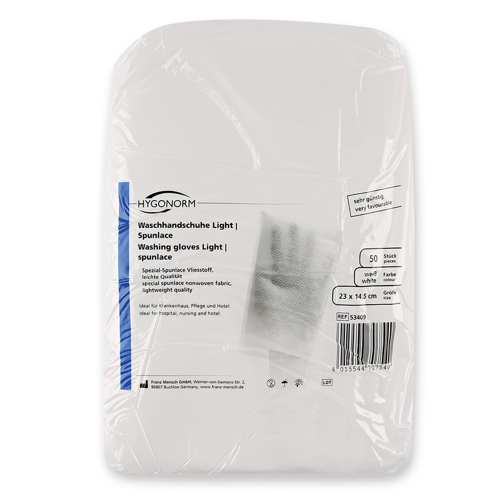 Waschhandschuhe Light | Spunlace| Verpakcung Waschhandschuhe Light Spunlace in der Verpackung