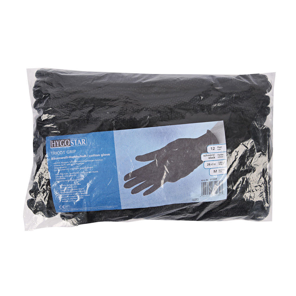 Baumwollhandschuhe Tricot Grip in schwarz in der Verpackung