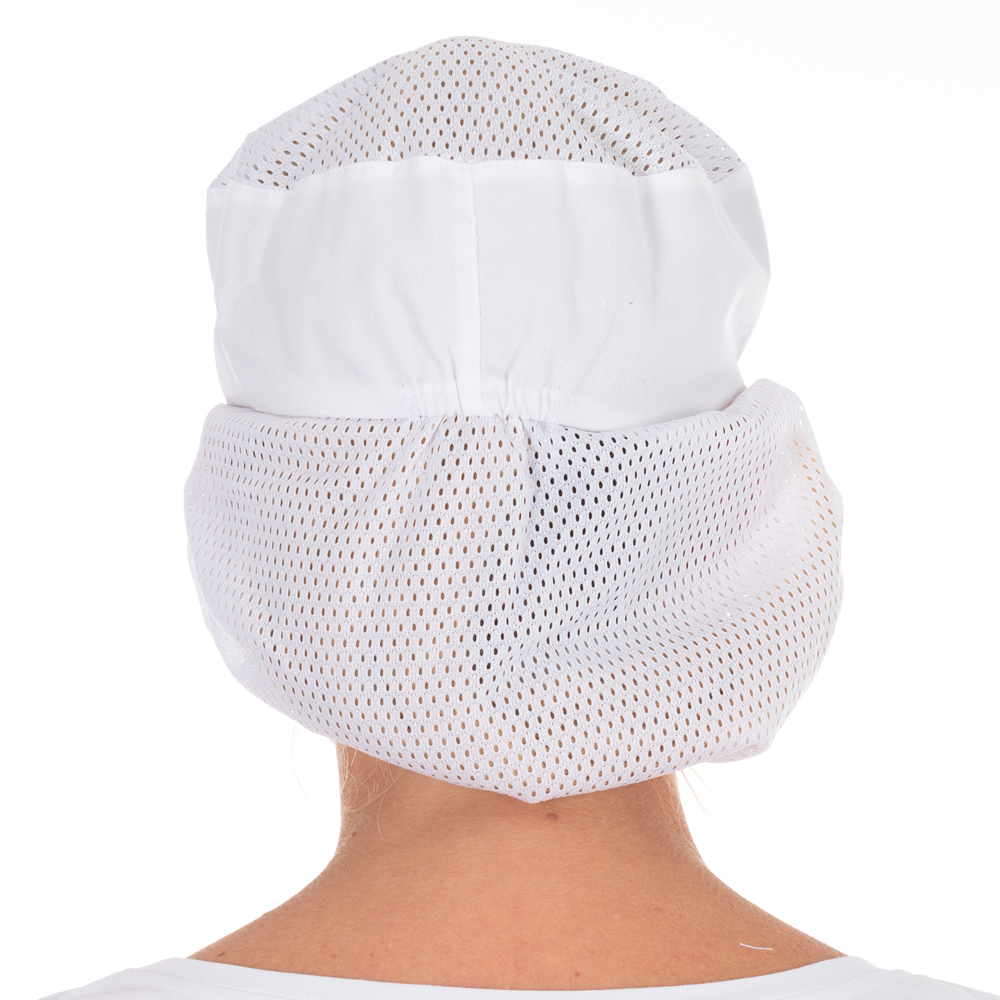 Peaked snood caps made of Polycotton in white in the back view