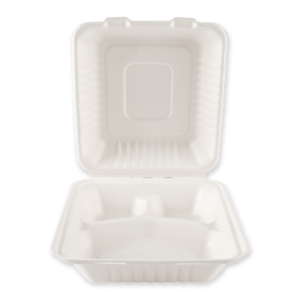 Organic menu boxes with hinged lid, 3-compartments, made from bagasse in front view