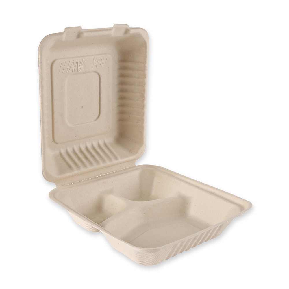 Organic menu boxes with hinged lid, 3-compartments, made from bagasse in an angled view