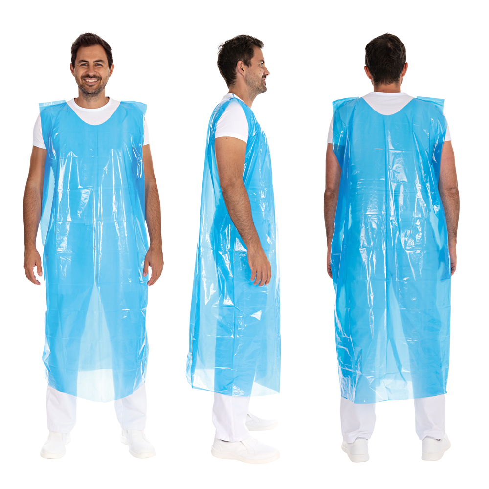 Full body aprons approx. 30 my LDPE in the all around view in blue 