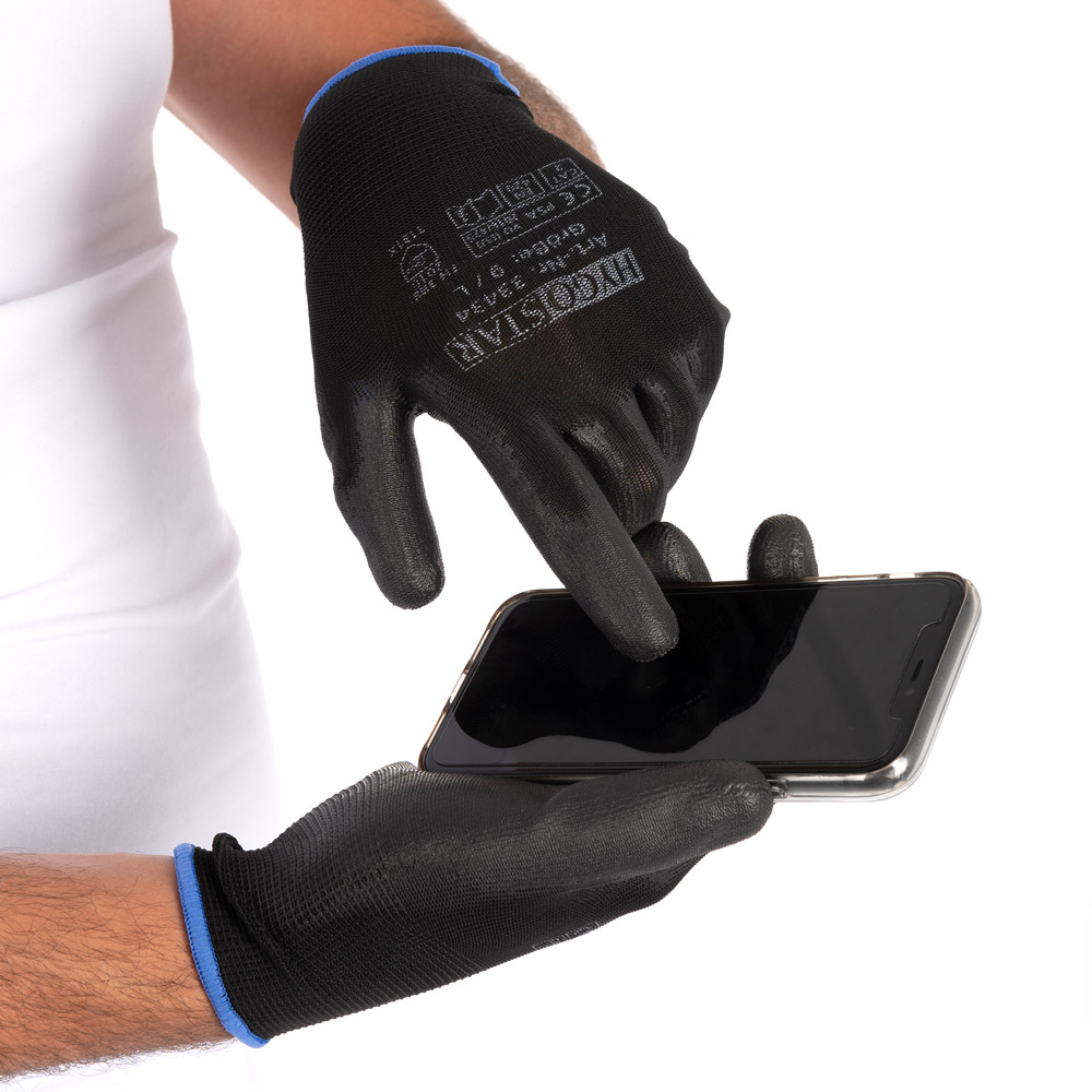 Fine knit gloves Black Ace Touch with PU coating as an example of use