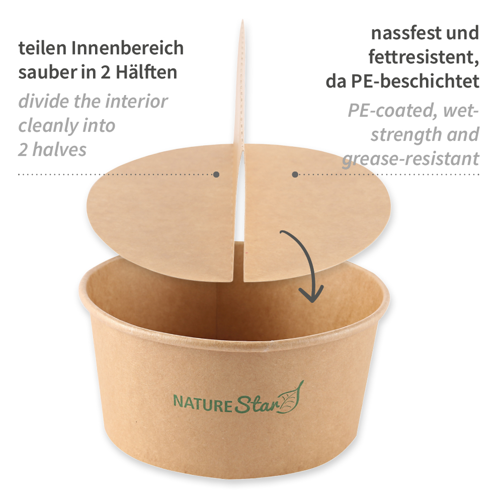Bio Trenneinsätze für Salatschalen 1000 ml, Ø 150 mm | Kraftpapier/PE, FSC®-Mix, Gesamtansicht Bio Trenneinsätze für Salatschalen 1000 ml, Ø 150 mm | Kraftpapier/PE, FSC®-Mix in der Gesamtansicht