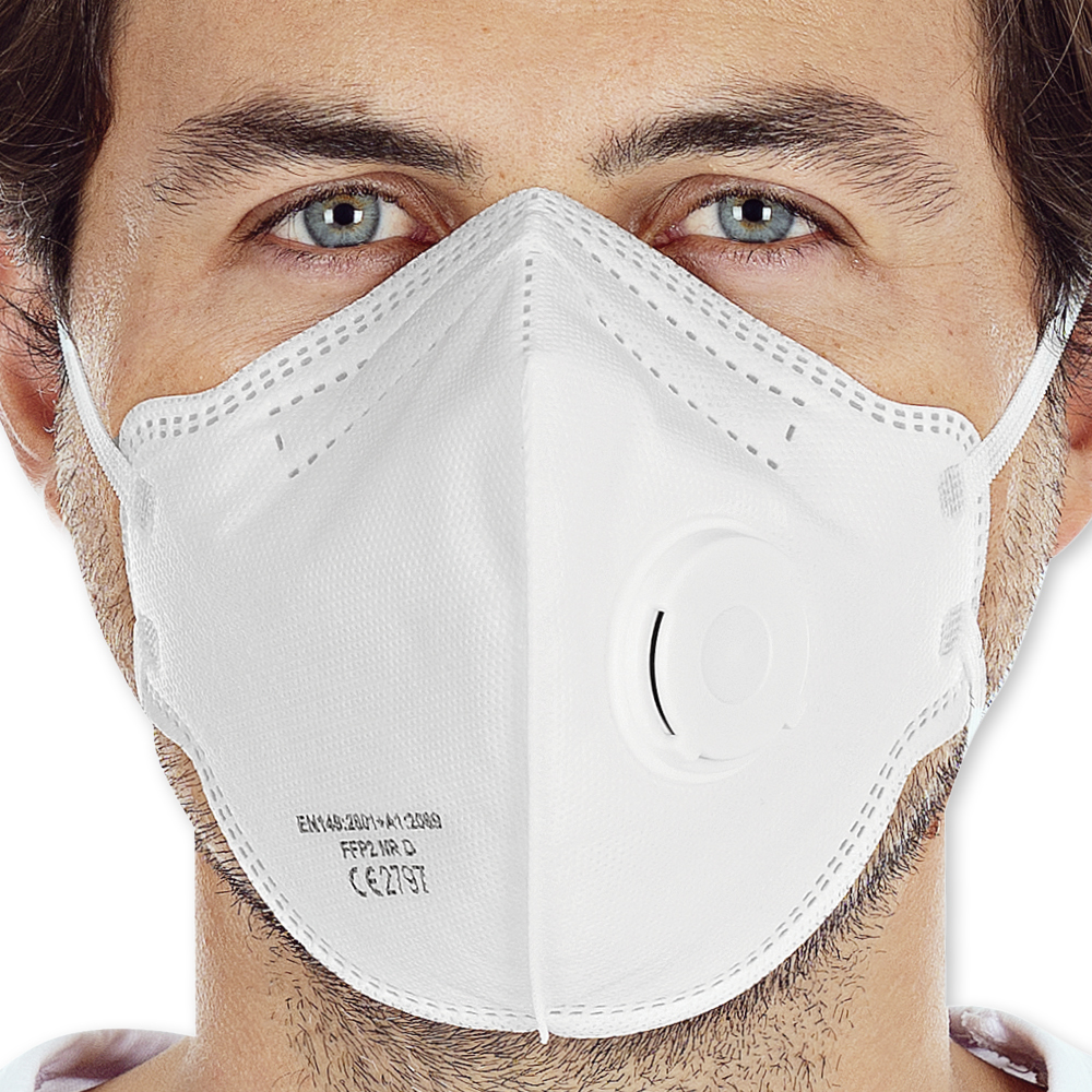 Atemschutzmasken FFP2 NR mit Ventil vertikal faltbar aus PP mit biegsamen Nasenbügel