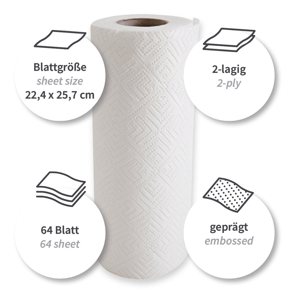 Kitchen rolls, 2-ply from cellulose with the properties