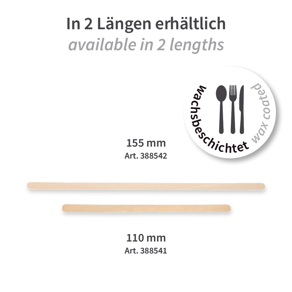 Organic stirrers made of  wood FSC® 100%, wax coated, two lengths
