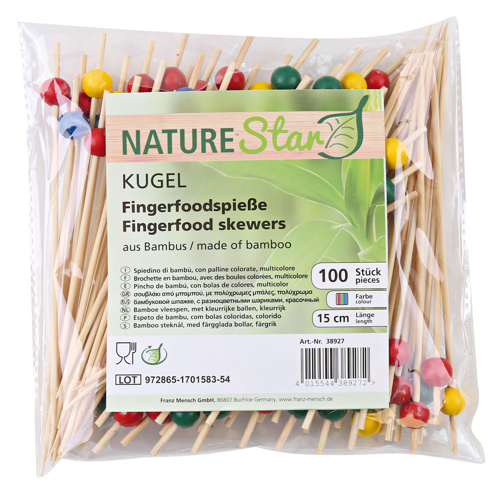 Fingerfood Spieße "Kugel" aus Bambus in bunt in der Verpackung mit 100 Stück