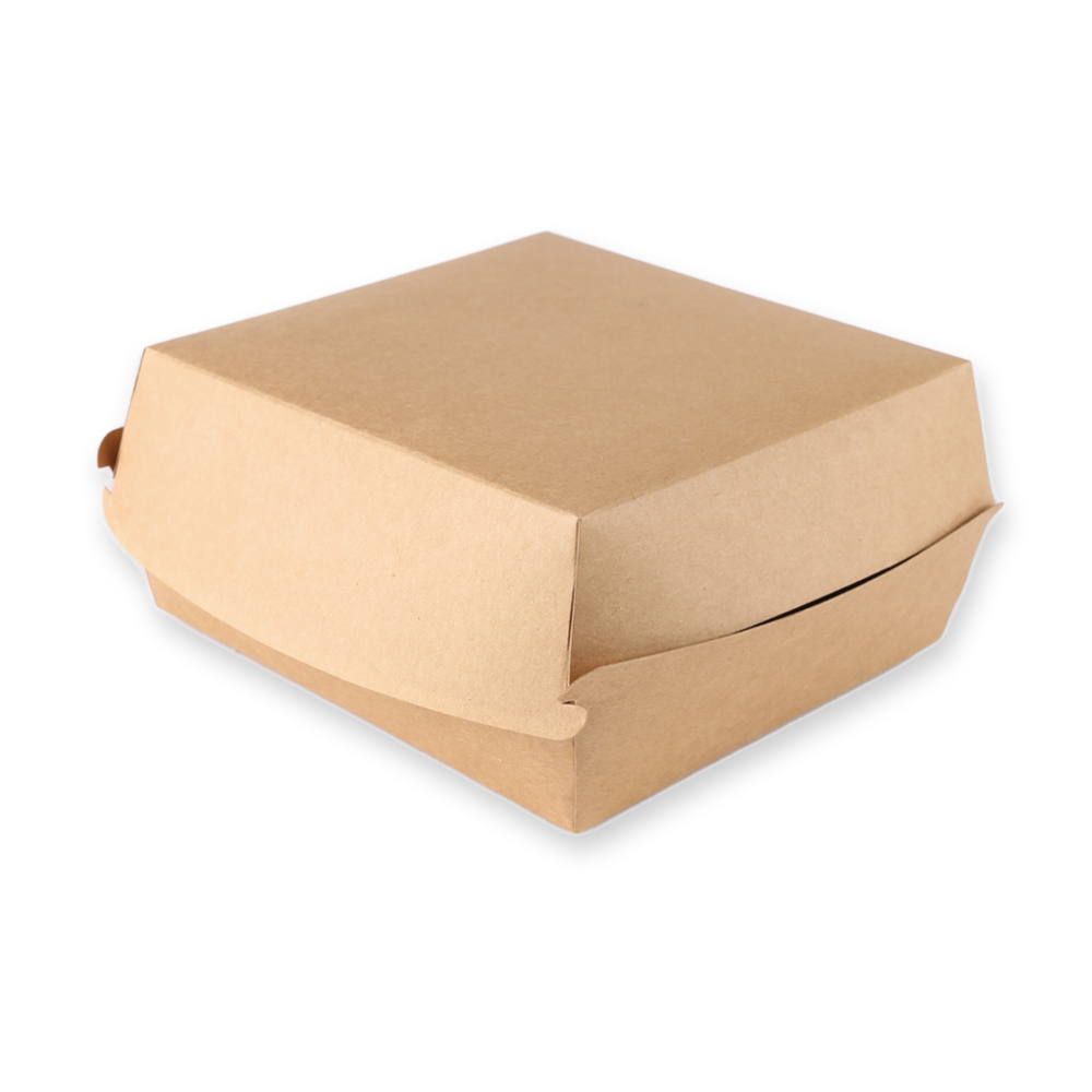 Hamburger box made of kraft paper, angled view