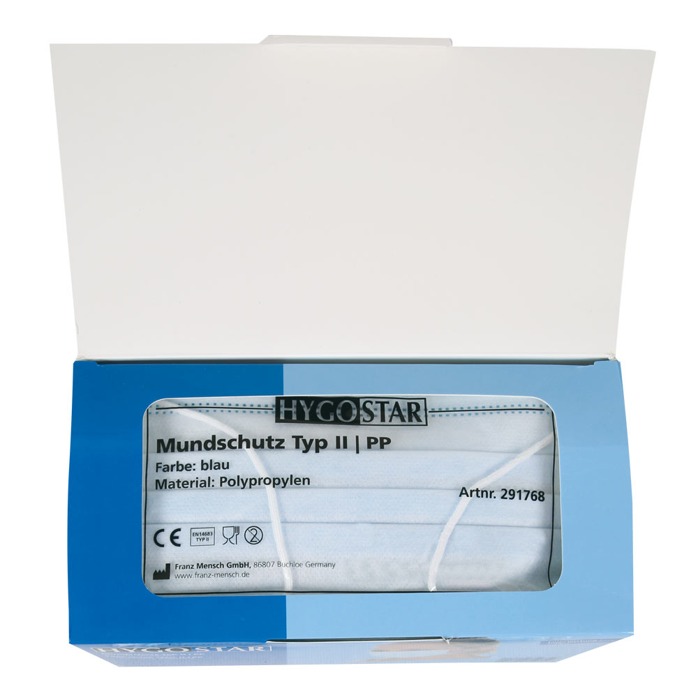 Mundschutz Typ II, 3-lagig aus PP einzeln verpackt in blau in der geöffneten Außenverpackung